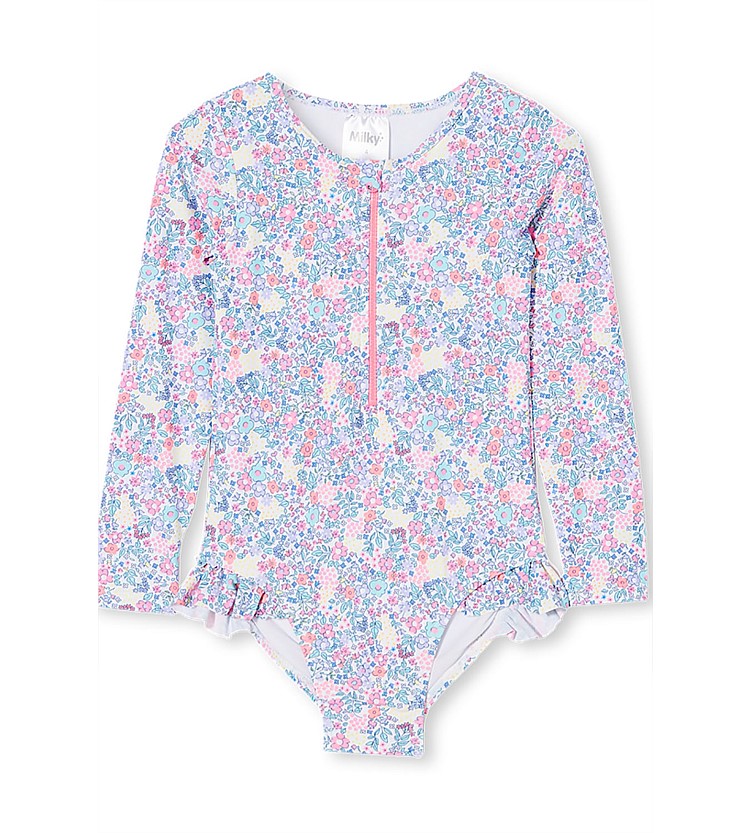 Milky Long Sleeve Neon Floral Swimsuit